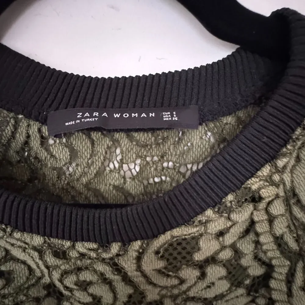 Zara Lace Tunic Top Green Sheer Long Sleeve Small Boho Chic Blouse_11